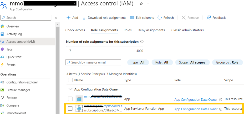 Grant RBAC "App configuration Data Owner" to Managed Identity
